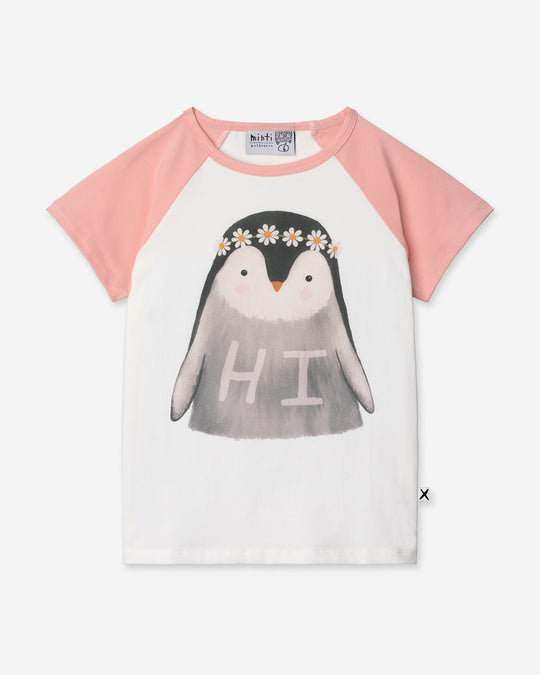 Flower Penguin Tee in white and pink, girls t shirt by Minti, flat lay