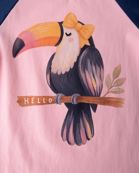 Close up of the Hello Toucan Tee print in ballet and ink