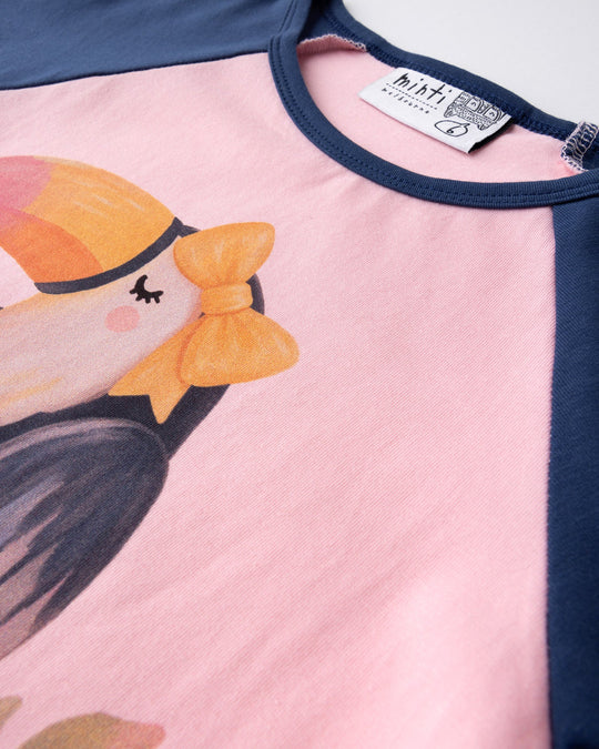 Close up of the Hello Toucan Tee print in ballet and ink