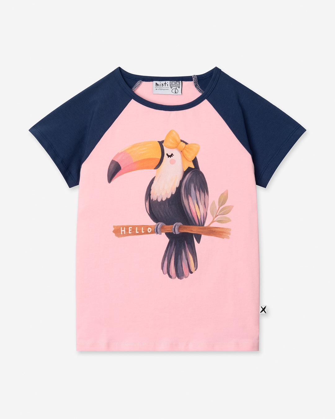 Hello Toucan Tee in ballet and ink, girls t shirt by Minti, flat lay