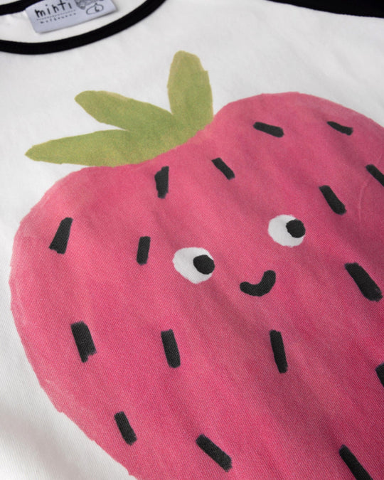 Close up of the Happy Strawberry Tee print in white and black
