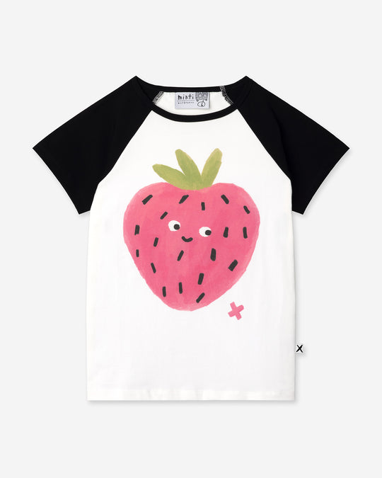 Happy Strawberry Tee in white and black, girls t shirt by Minti, flat lay
