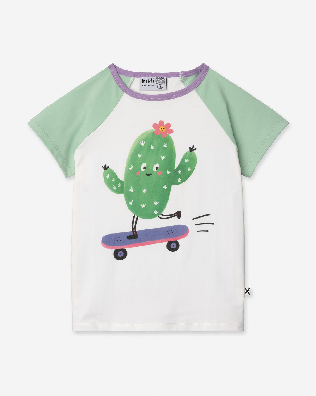 Skate Cactus Tee in white and mint, girls t shirt by Minti, flat lay