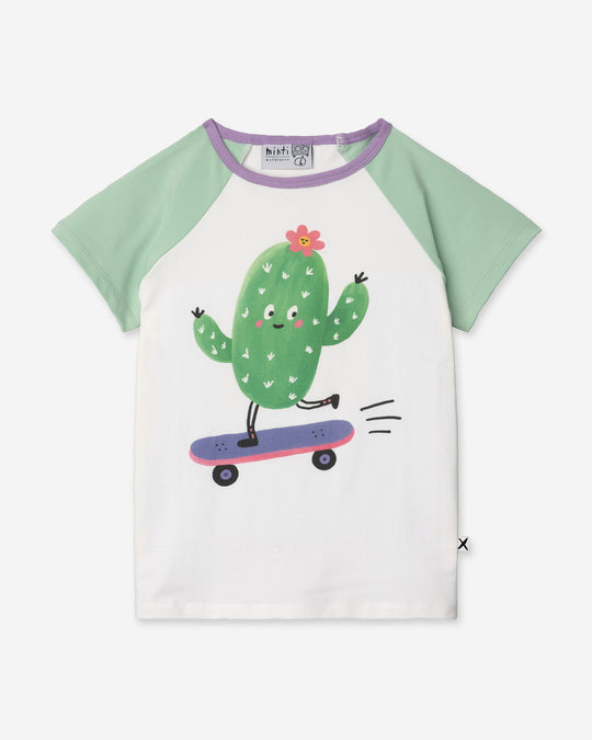 Skate Cactus Tee in white and mint, girls t shirt by Minti, flat lay