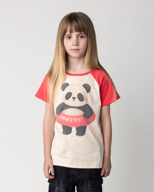 Close up of the Swimming Panda Tee in stone and watermelon on a kid, front view