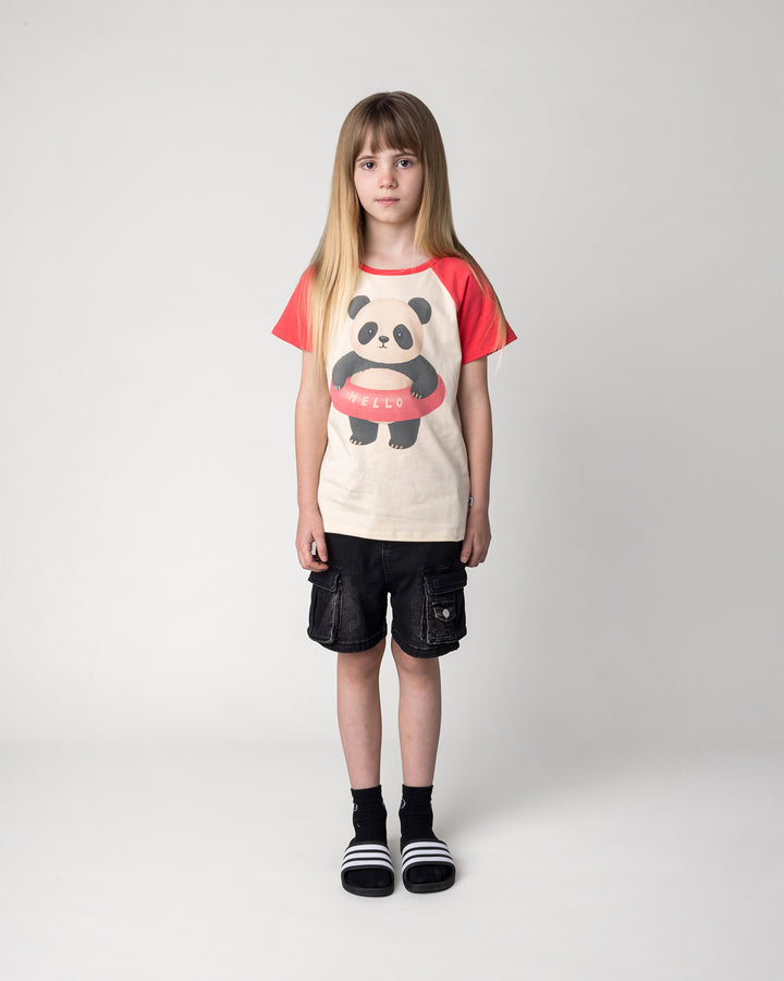 Kid wearing the Swimming Panda Tee in stone and watermelon, front view