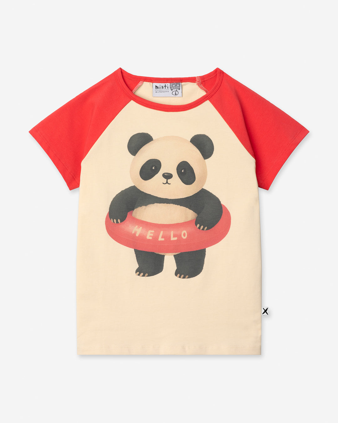 Swimming Panda Tee in stone and watermelon, girls t shirt by Minti, flat lay