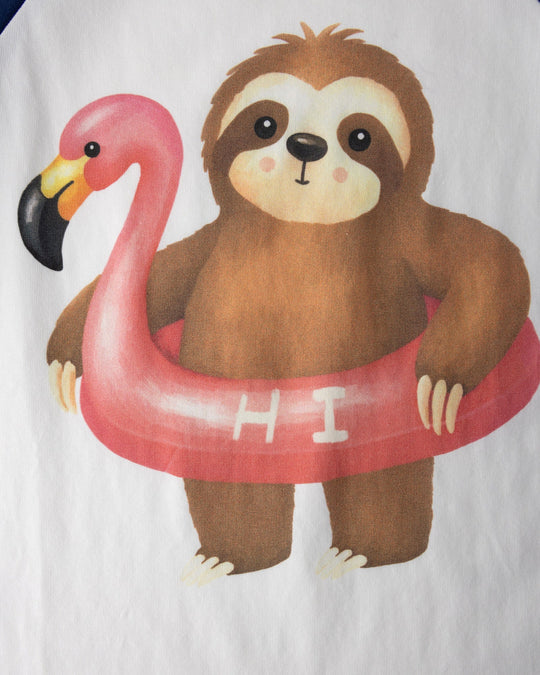 Close up of the Swimming Sloth Tee print in white, ink and pink