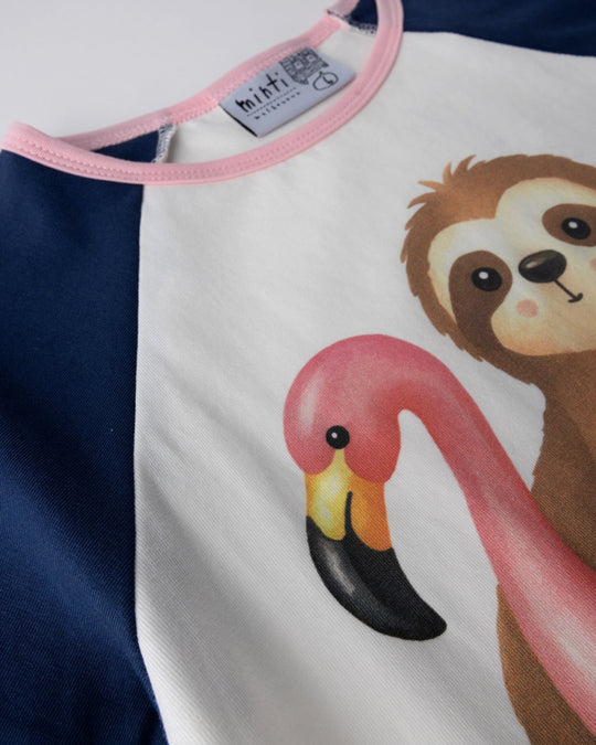Close up of the Swimming Sloth Tee print in white, ink and pink