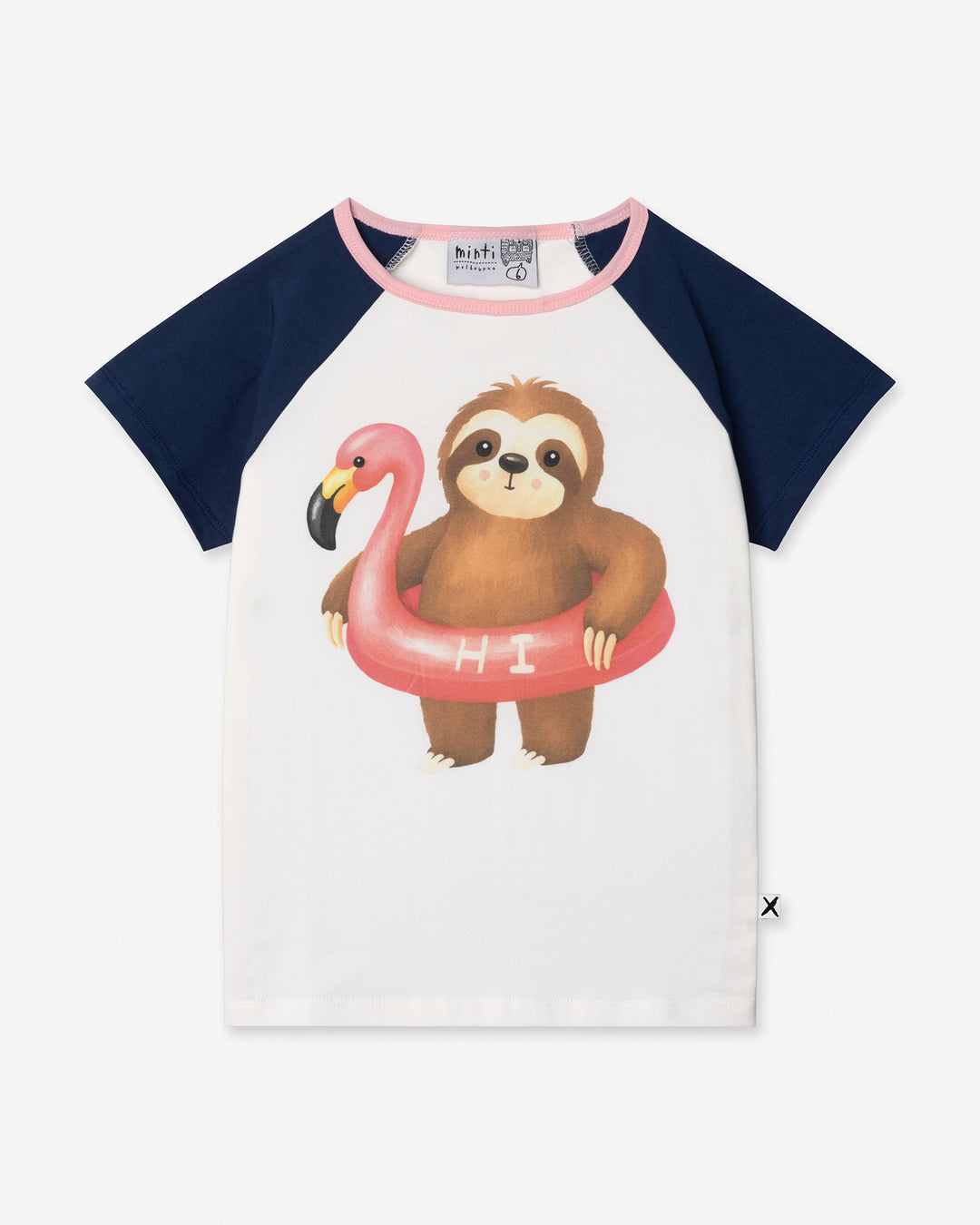 Swimming Sloth Tee in white, ink and pink, girls t shirt by Minti, flat lay