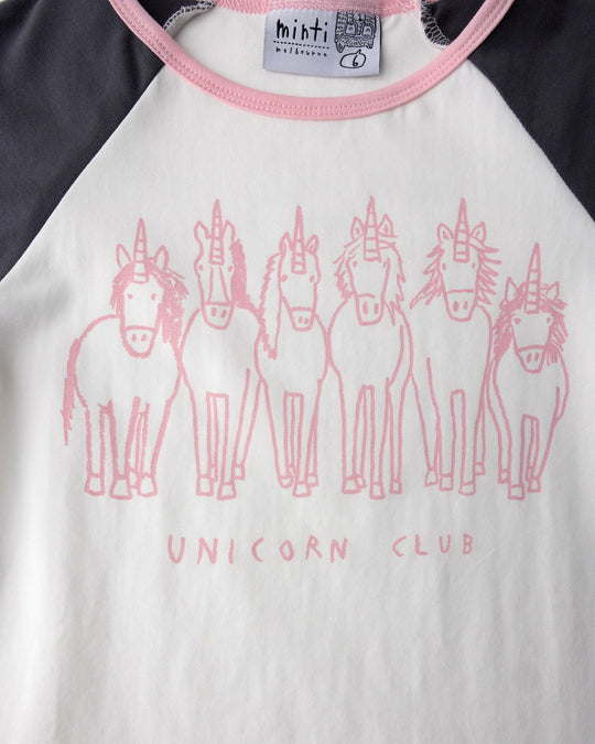 Close up of the Unicorn Club Tee print in white and dark grey