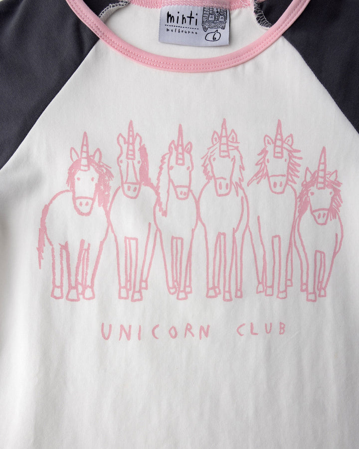 Close up of the Unicorn Club Tee print in white and dark grey