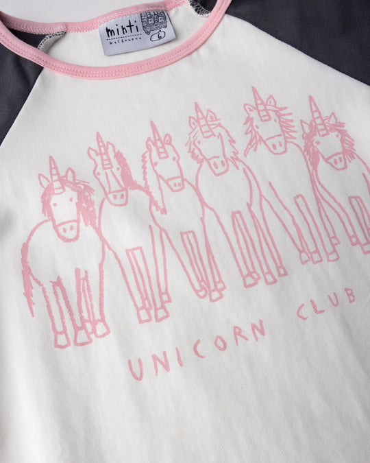 Close up of the Unicorn Club Tee print in white and dark grey
