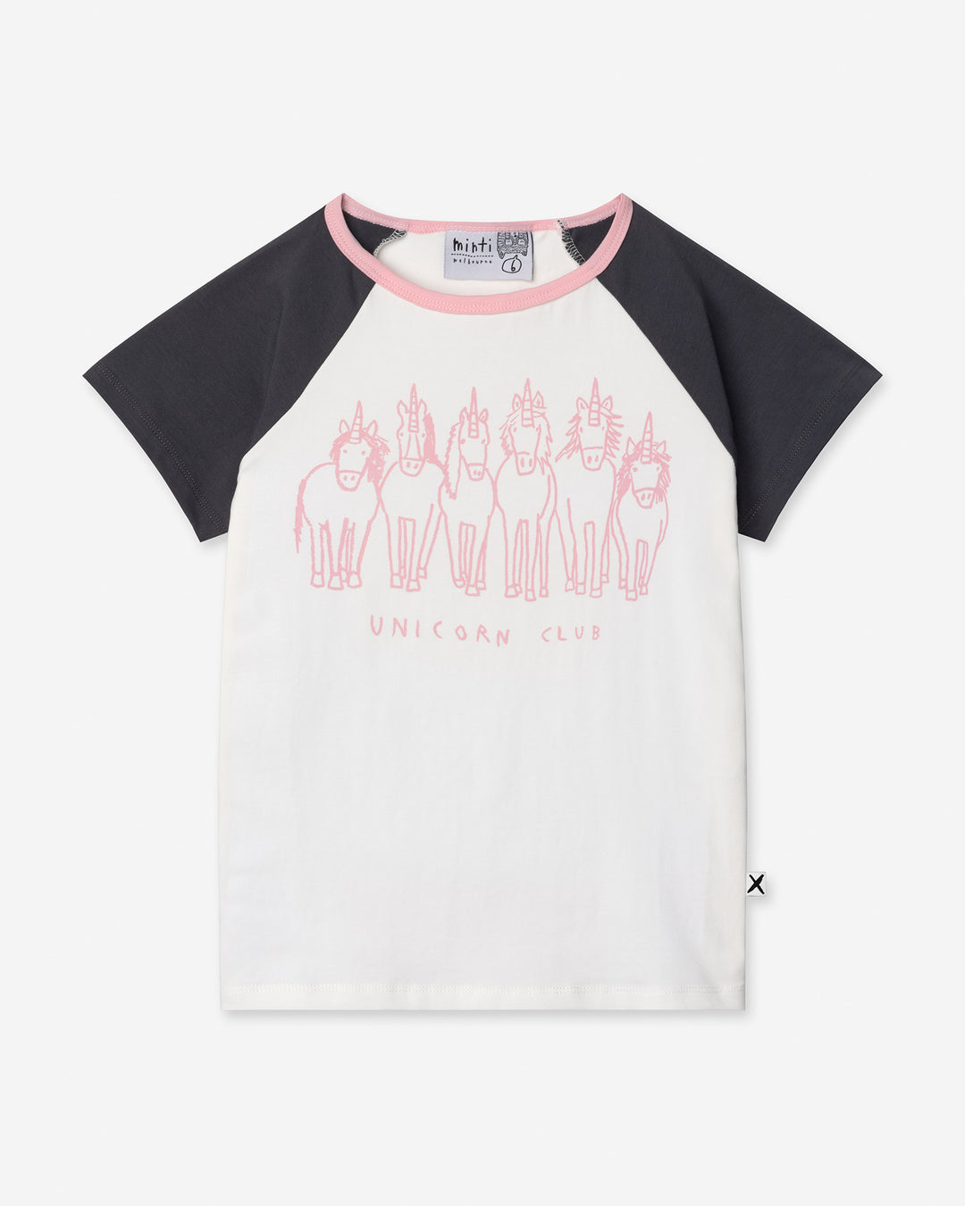 Unicorn Club Tee in white and dark grey, girls t shirt by Minti, flat lay