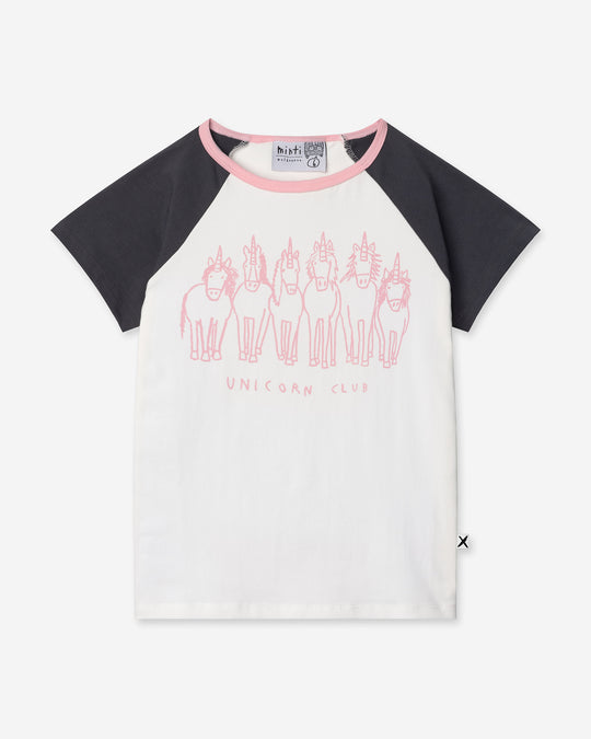 Unicorn Club Tee in white and dark grey, girls t shirt by Minti, flat lay