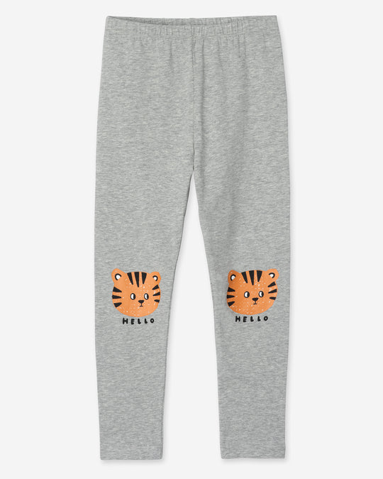 Hello Tiger Tights in grey marle, girls leggings by Minti, flat lay