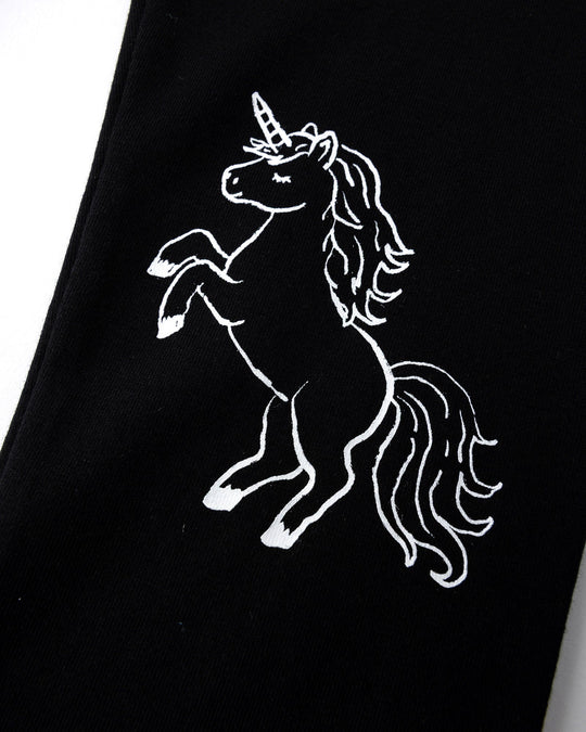 Close up of the Hello Unicorn Tights print in black