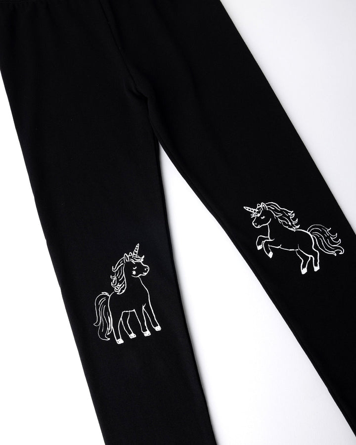 Close up of the Hello Unicorn Tights print in black