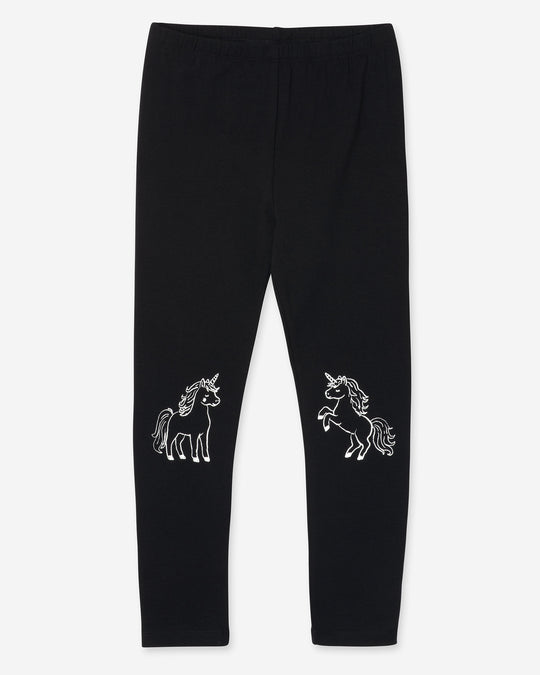 Hello Unicorn Tights in black, girls leggings by Minti, flat lay