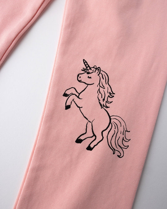 Close up of the Hello Unicorn Tights print in pink