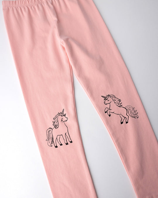 Close up of the Hello Unicorn Tights print in pink