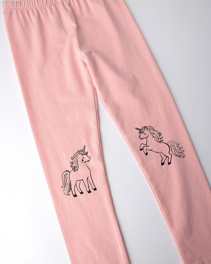 Close up of the Hello Unicorn Tights print in pink