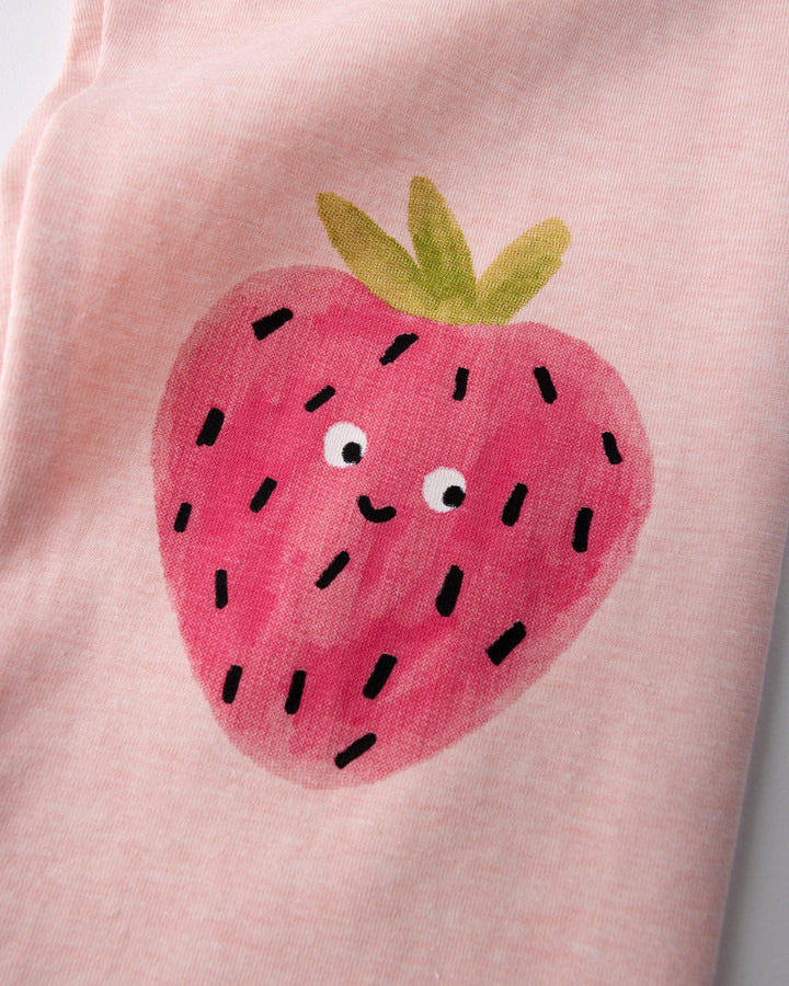 Close up of the Happy Strawberry Tights print in pink marle