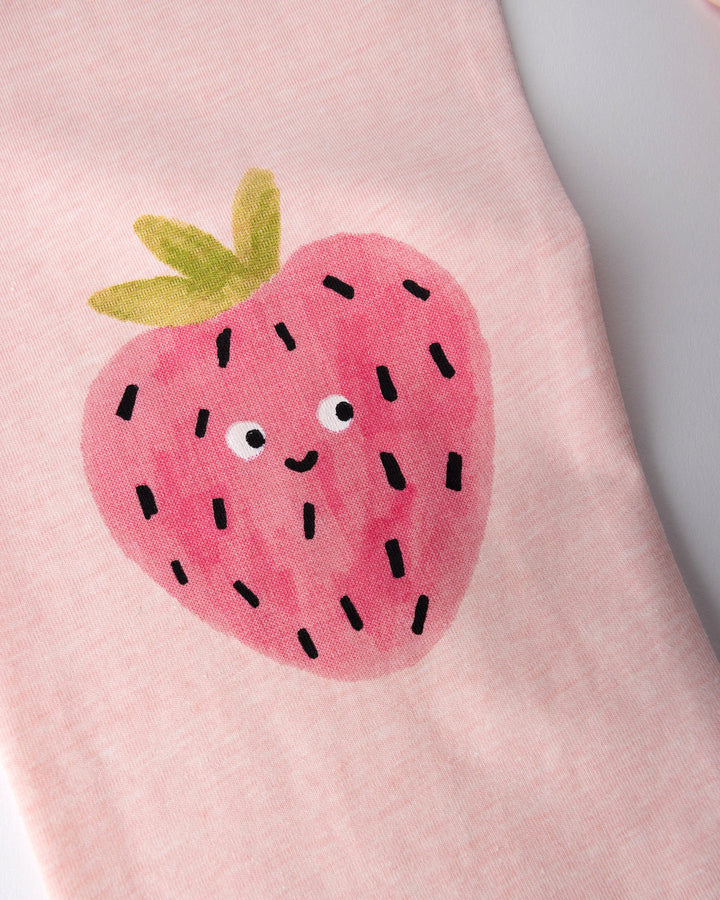 Close up of the Happy Strawberry Tights print in pink marle