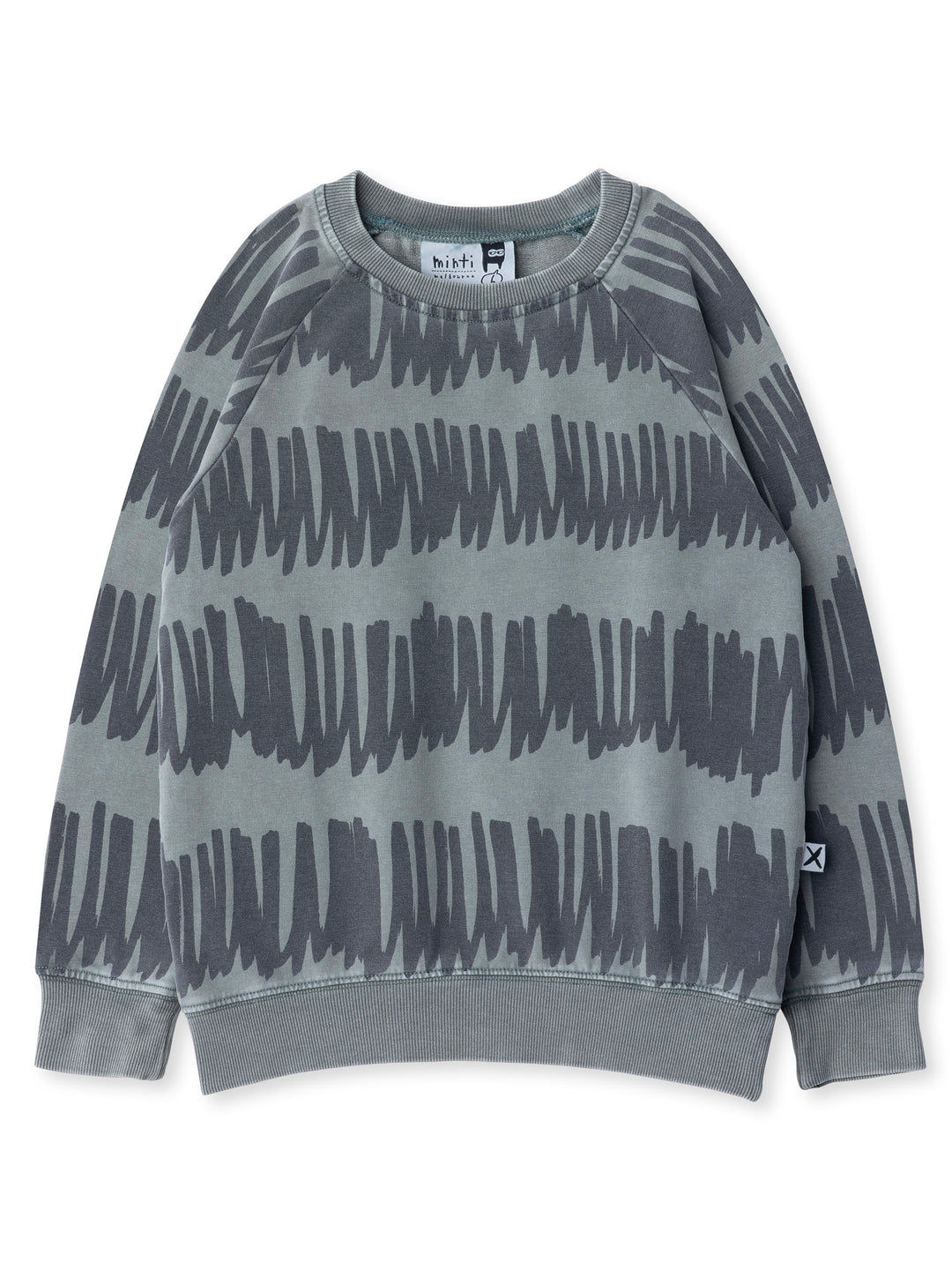 Minti kids clothing. Comfy lightweight raglan crew in super cool washed terry. 260 Gram // 95% Cotton // 5% Elastane.