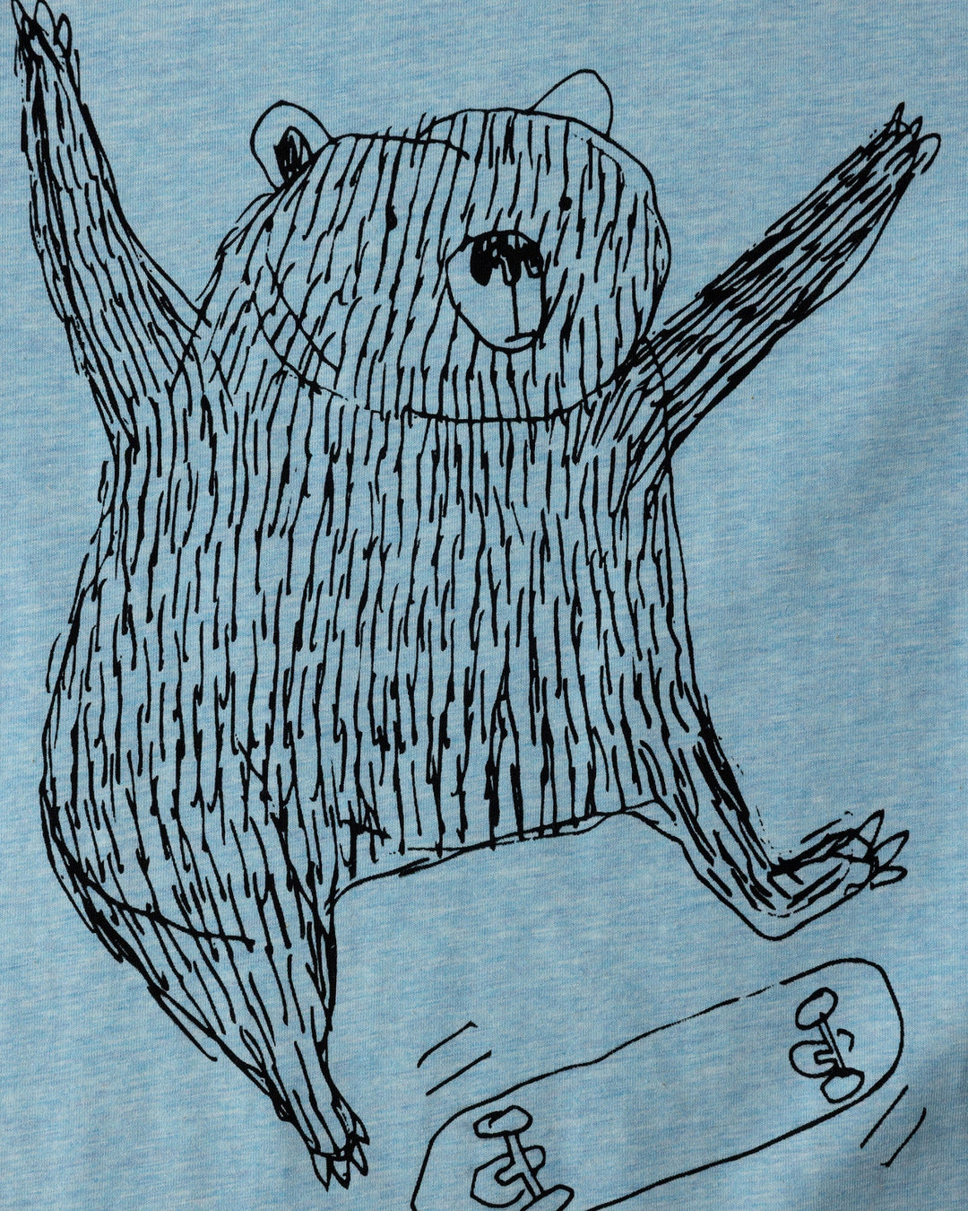 Close up of the Boarding Bear Tee print in blue marle