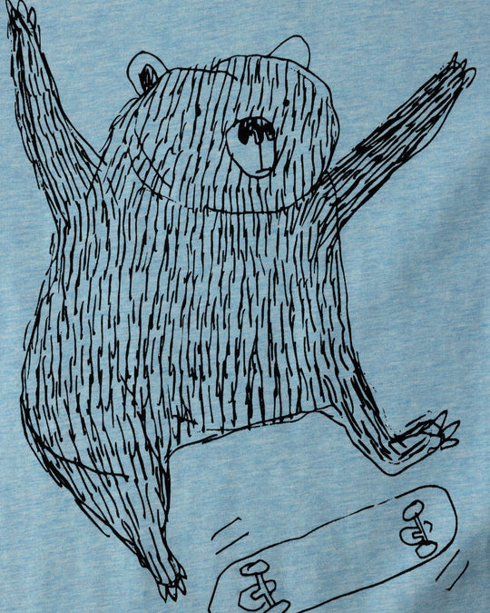 Close up of the Boarding Bear Tee print in blue marle