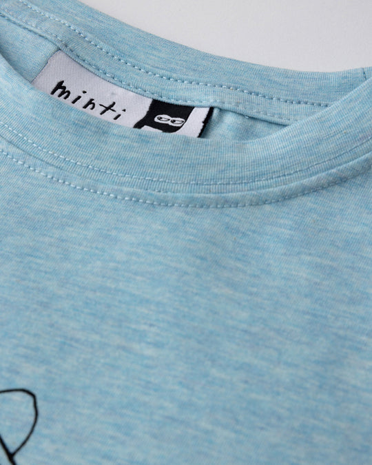 Close up detail of the Boarding Bear Tee in blue marle