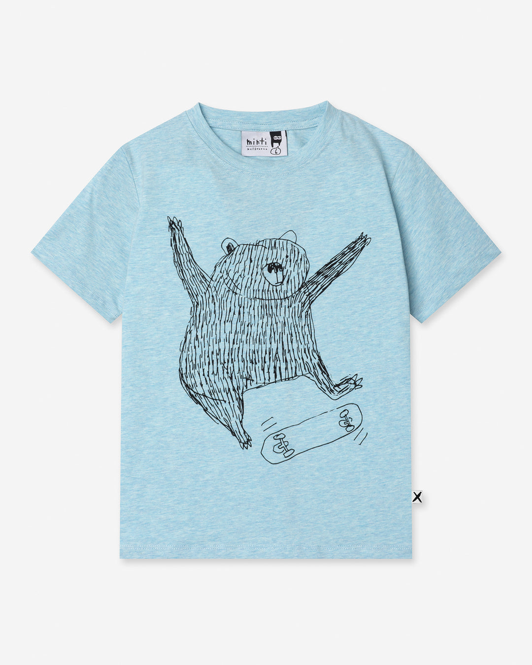 Boarding Bear Tee in blue marle, boys t shirt by Minti, flat lay