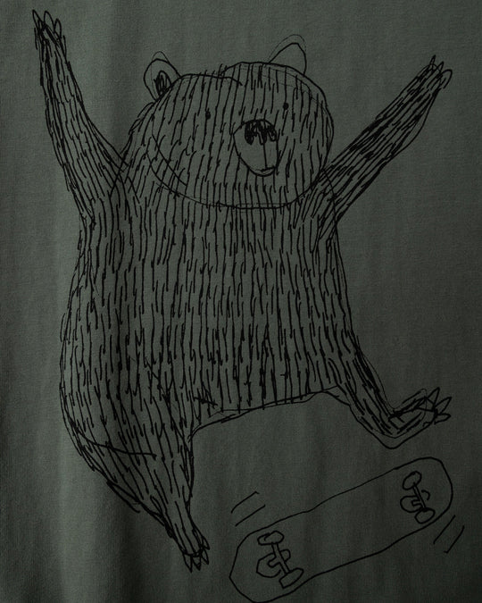 Close up of the Boarding Bear Tee print in forest, dark grey and yellow