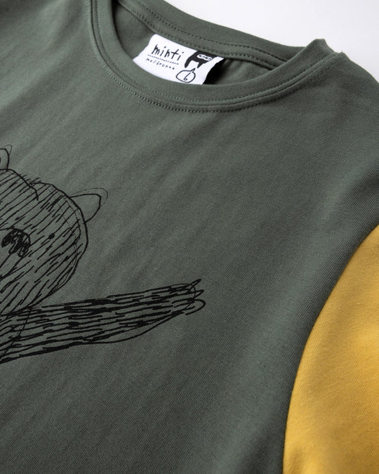 Close up detail of the Boarding Bear Tee in forest, dark grey and yellow
