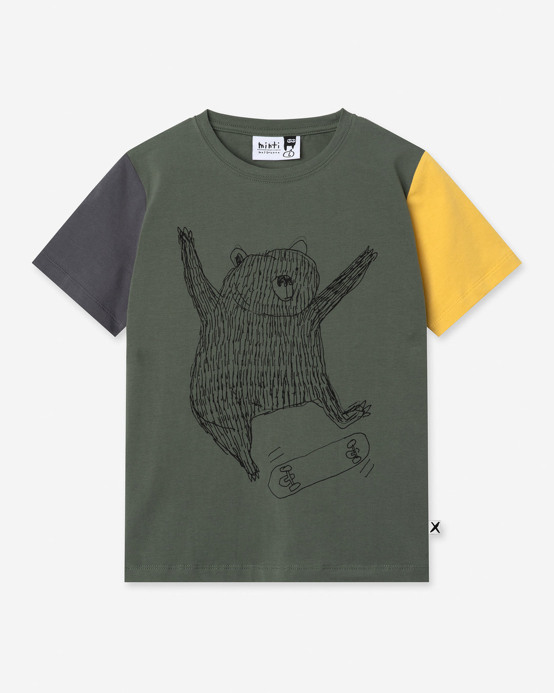 Boarding Bear Tee in forest, dark grey and yellow, boys t shirt by Minti, flat lay