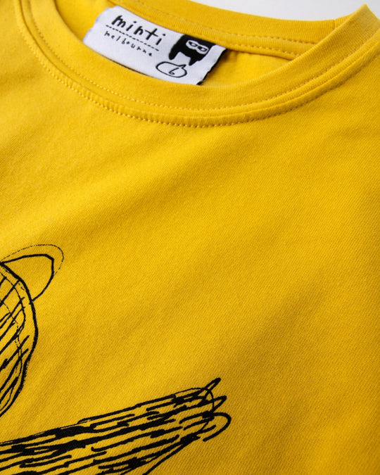 Close up detail of the Boarding Bear Tee in mustard