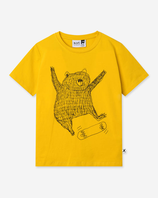 Boarding Bear Tee in mustard, boys t shirt by Minti, flat lay