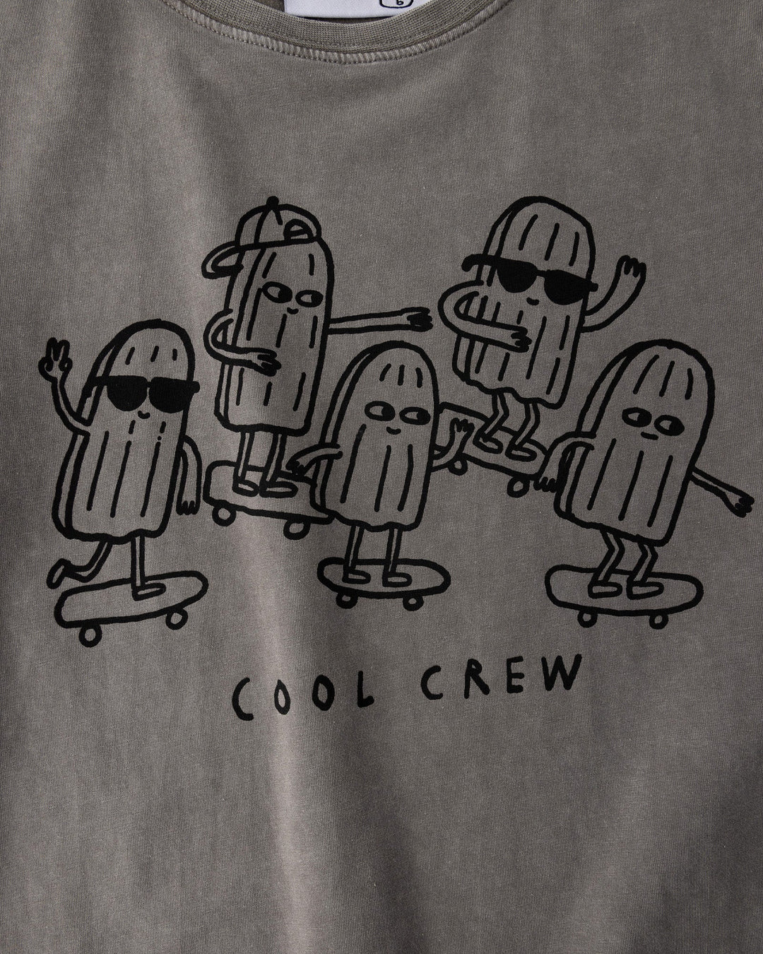 Close up of the Cool Crew Tee print in grey wash