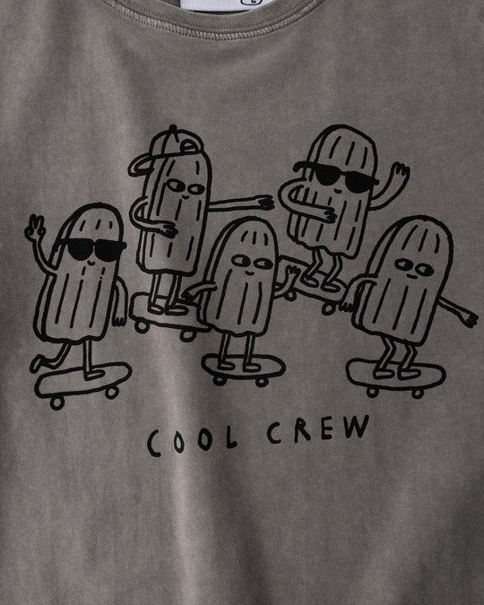 Close up of the Cool Crew Tee print in grey wash