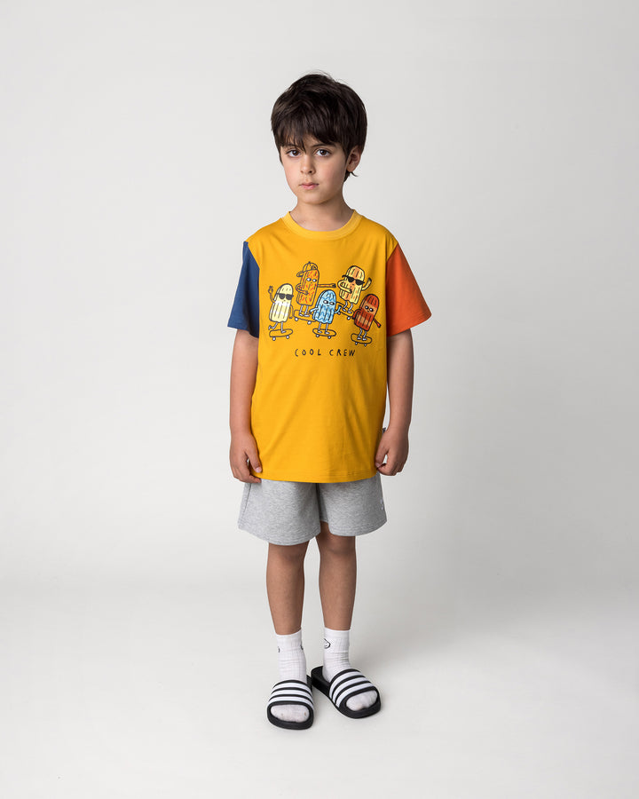 Kid wearing the Cool Crew Tee in mustard, midnight and orange with the Smile Short in grey marle, front view