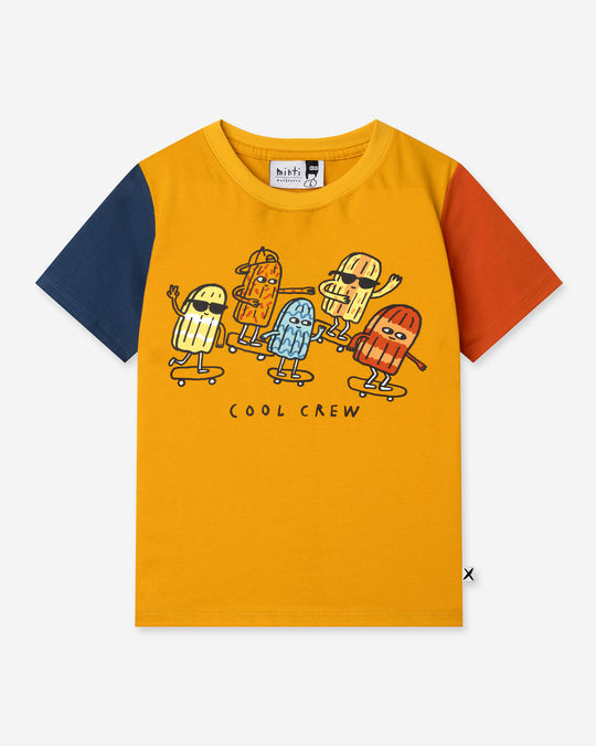 Cool Crew Tee in mustard, midnight and orange, boys t shirt by Minti, flat lay