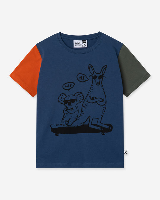 Chill Mates Tee in midnight, orange and forest, boys t shirt by Minti, flat lay