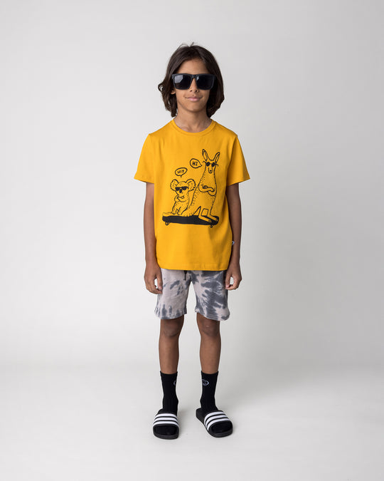 Kid wearing the Chill Mates Tee in mustard with the Splatter Short in grey, front view