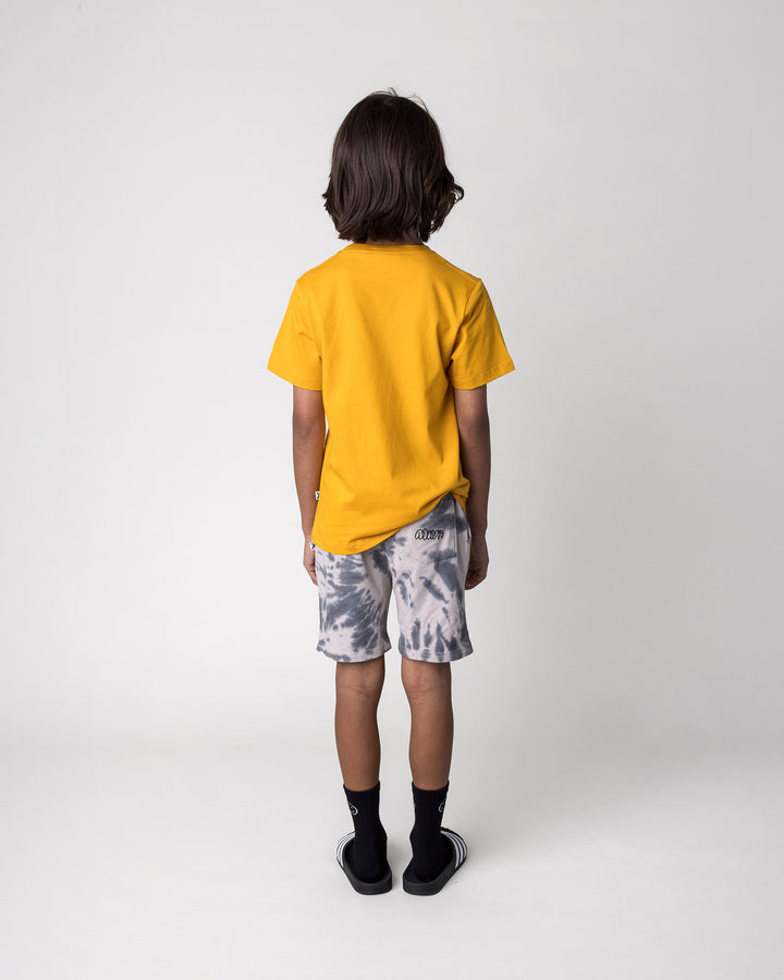 Kid wearing the Chill Mates Tee in mustard with the Splatter Short in grey, back view