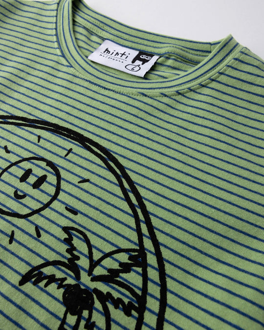 Close up detail of the Chill Sloth Tee in lime stripe