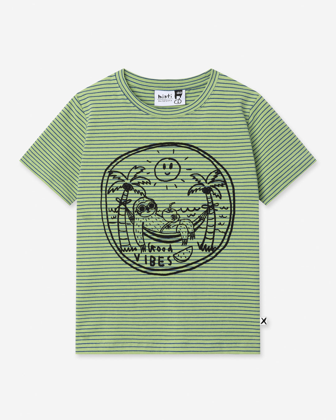Chill Sloth Tee in lime stripe, boys t shirt by Minti, flat lay