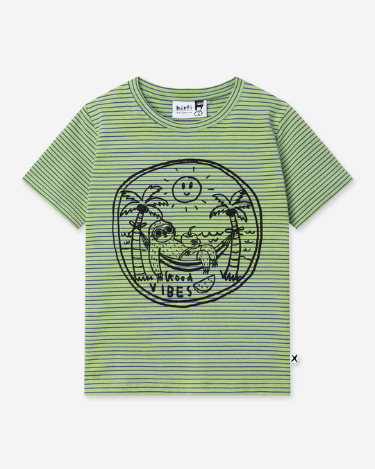 Chill Sloth Tee in lime stripe, boys t shirt by Minti, flat lay