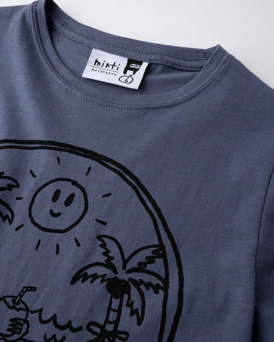 Close up detail of the Chill Sloth Tee in muted blue
