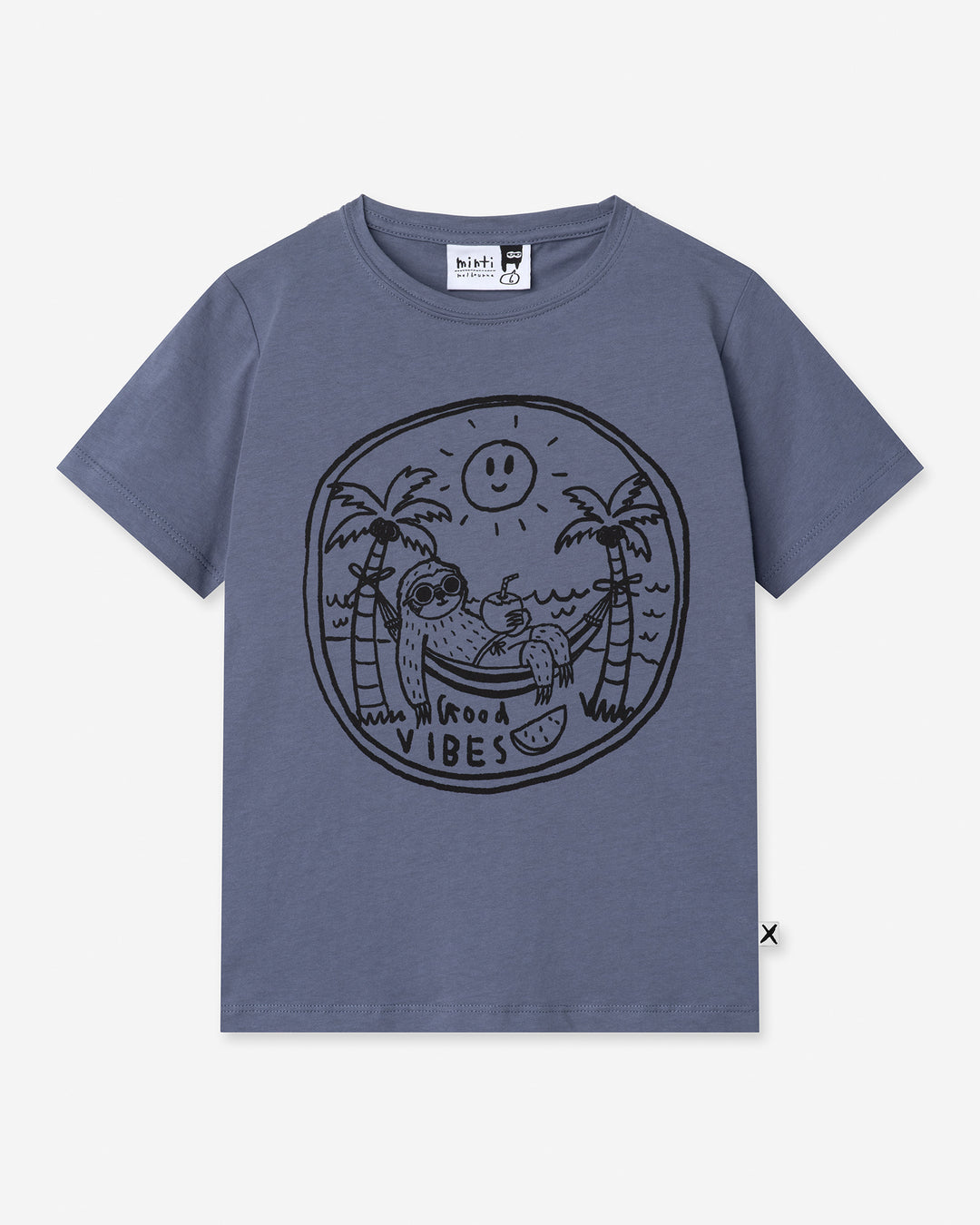 Chill Sloth Tee in muted blue, boys t shirt by Minti, flat lay